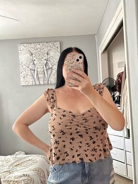 Black Floral Embroidered Ruffle-Shoulder Flutter Sleeve Cami Tank Top L Large